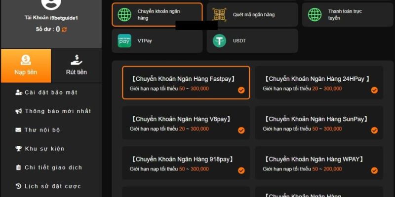 Nạp tiền I9bet qua ngân hàng